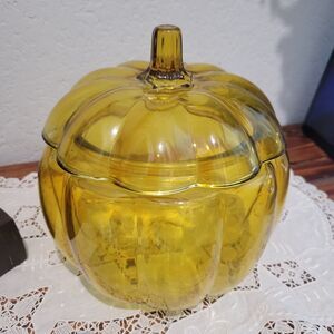 Amber Glass Pumpkin Canister Cookie Jar Candy Dish ~7.25” Tall Halloween Fall